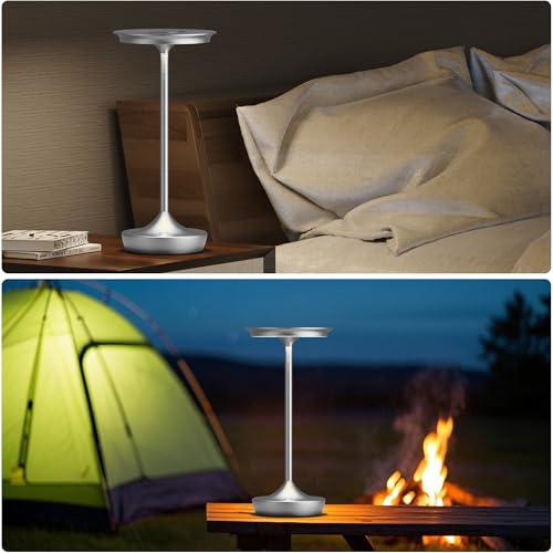 Image of LED Rechargeable Cordless Outdoor 6000mAh Battery Table Lamp 2-Pack Silver | Portable Waterproof 3 Color Stepless Dimmable Lights Memory Function for Patio Restaurant Bar Dining Room