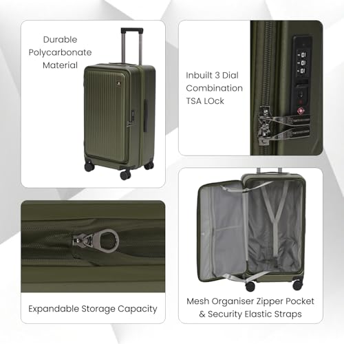 Image of SWISS MILITARY Black Gold Collection Jade Hard Top Trolley Bag, Durable PC Luggage with TSA Lock, 8,Wheel Spinner, Expandable Storage & Anti,Theft Zipper, 56L Travel Suitcase in Olive, 20 Inch