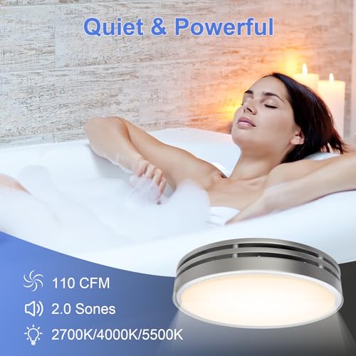 Akicon Bathroom Exhaust Fan with Light, 110CFM, 2.0 Sones for Ceiling, 1000lm Dimmable LED Light and 150lm Nightlight Dual Color Bathroom Vent Fan for Home, Round, Sliver