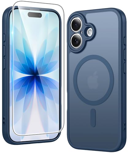 Image of FNTCASE for iPhone 17 Case Matte: Magnetic Phone Cases with Screen Protector Drop Proof Compatible with Magsafe Slim Anti Yellowing Rugged Shockproof Protective Translucent Cell Cover (C-Blue)