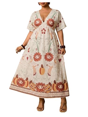 Image of Floerns Women's Plus Size Boho Hawaiian Tropical Dresses V Neck Short Sleeve Floral A Line Long Dress Vacation Beach Outfits