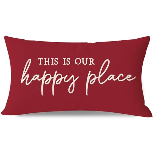 PANDICORN This is Our Happy Place Pillow Covers 12x20 Inch Crimson Red Farmhouse Outdoor Holiday Christmas Decorations Lumbar Decorative Cushion Case for Living Room Bedroom Porch Couch Sofa Decor
