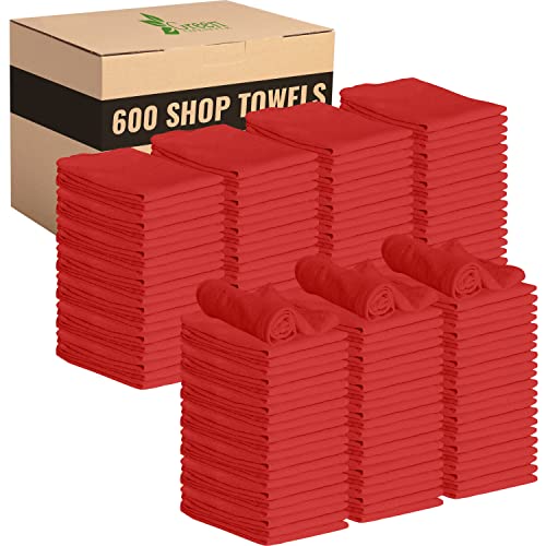 Image of GREEN LIFESTYLE Shop Towels 12 inch x 14 inch 600 Pack - Red Cotton Shop Towels, Cleaning Rags Bulk, Reusable Shop Rags, Absorbent Terry Cloth Cleaning Towels for Garage, Industrial and Housekeeping Use