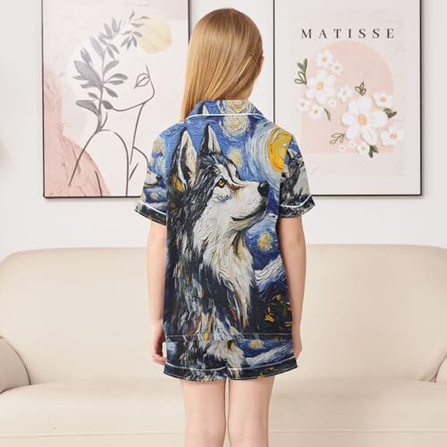 ALAZA Van Gogh Starry Sky Wolf Satin Pajamas Set Short Sleeve Button Down Sleepwear Summer Pjs 2 Piece4
