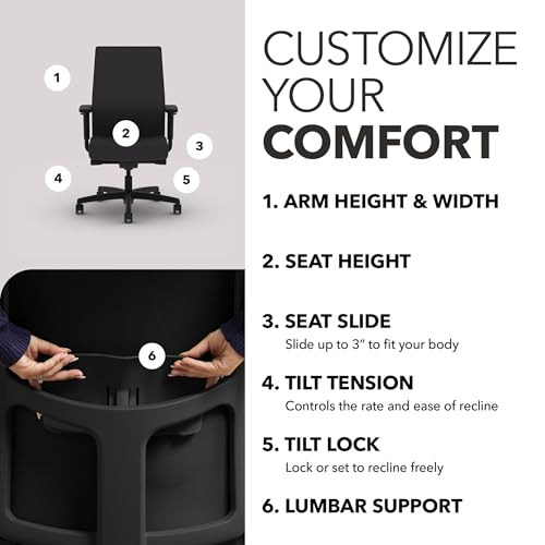 Image of HON Ignition 2.0 Mid‑Back Ergonomic Office Chair, Mesh Task Seating with Lumbar Support, Advanced Synchro‑Tilt, Height and Width Adjustable Arms, Black Frame, Onyx