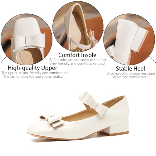 Women's Bow Patent Leather Mary Janes Low Heel Pumps Fashion Bow Strap Comfortable Square Toe Chunky Heels Uniform Dress Shoes for Party Prom Date Wedding3