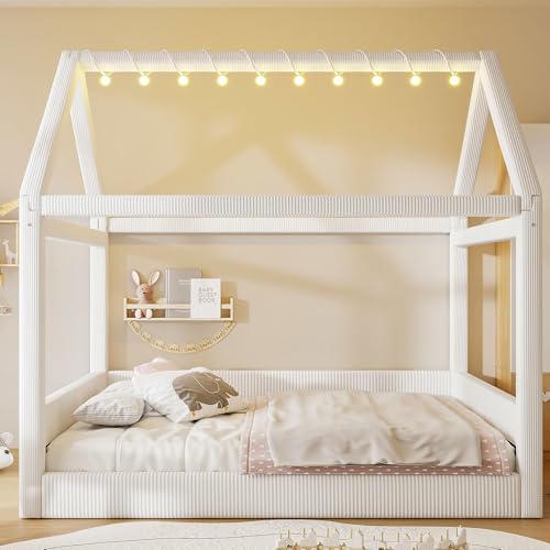 Image of Full Size Cute Corduroy Fabric Upholstered House Daybed with LED Light Strips and Vertical Striped Design, Low Solid Wood Platform Bed with Roof Frame for Kids Teens Girls Boys Bedroom (Beige-01)