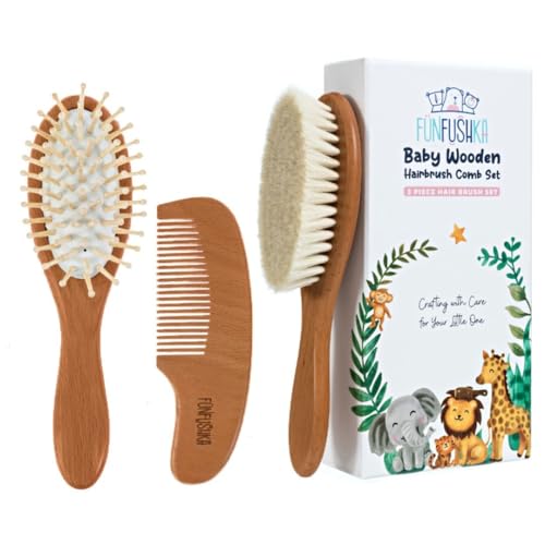 Image of Baby Wooden Hair Brush and Comb Set for Newborn Toddler - Natural HairBrush with Soft Goat Bristle for Girl and Boy, Perfect for Cradle Cap (Oak)
