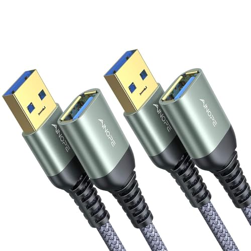 AINOPE Rallonge USB 3.0, Lot de 2 Rallonge USB 2M+2M, Câble USB Mâle Femelle Compatible avec Hubs,Imprimantes,Lecteurs de Cartes,Adaptateurs Bluetooth,Clés USB,Scanners,Disques Durs(Gris