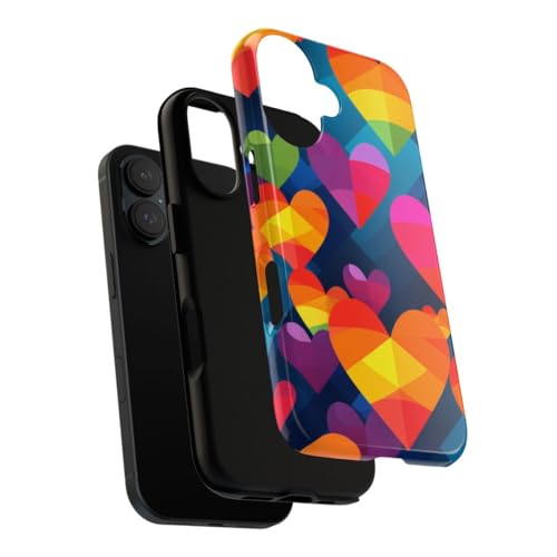 Coque rigide brillante iPhone 16 motif cœurs géométriques colorés antichoc