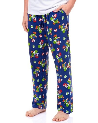Nintendo Men's Mario and Yoshi Power Up Soft Touch Cotton Pajama Pants L Blue