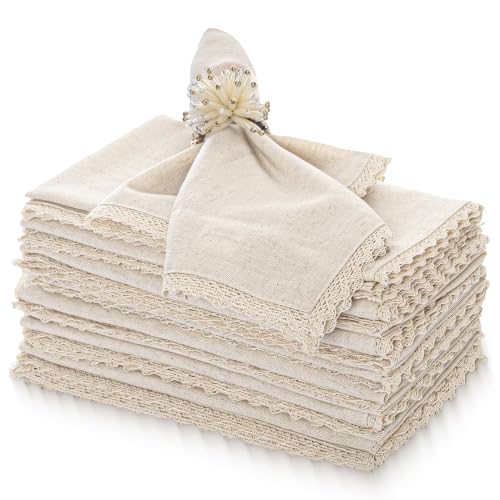 Fingercraft Dinner Napkin Cotton Linen 12 Pack Premium Quality Mitered Corners Napkin Cloth with Elegant Lace for Everyday Use are Pre Shrunk and Good Absorbency with Lace Ivory