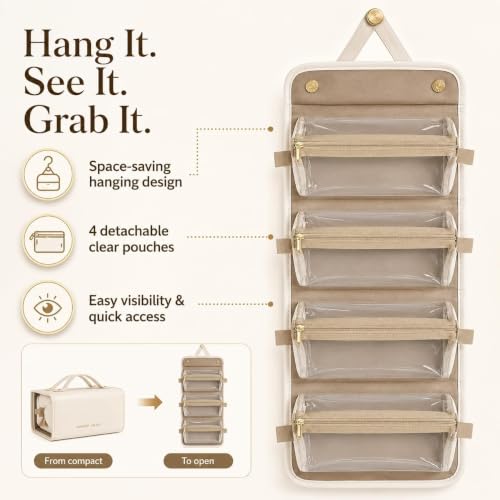 Image of 4 in 1 Detachable with Compartments Toiletry Bag Hanging Roll-Up Makeup Cosmetic Bag, Portable Foldable Toiletry Bag Waterproof Cosmetic Organizer Bag for Women