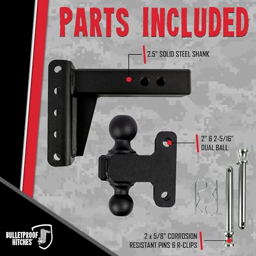Image of BulletProof Hitches - 2.5 inch Adjustable Heavy Duty Trailer Hitch (22,000 lb. Rating) - 4 inch Drop /Rise Trailer Hitch with 2 inch & 2-5 /16 inch Dual Ball - Powder Coat, Solid Steel, Corrosion-Resistant