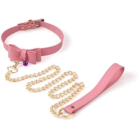 LEWECEEO PU Leather Kitty Bell Collar Choker Cosplay Bowknot Collar Choker with Golden Chain Leash for Women Girls (Pink) Cover