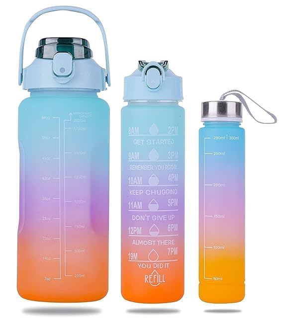 Motivational Water Bottle Set of 3 in 1 Pcs 2 LTR, 900 ml, 300 ml Unbreakable Leakproof BPA Free Non-Toxic Sipper Bottle Office, Sports, Gym, School | Multicolor