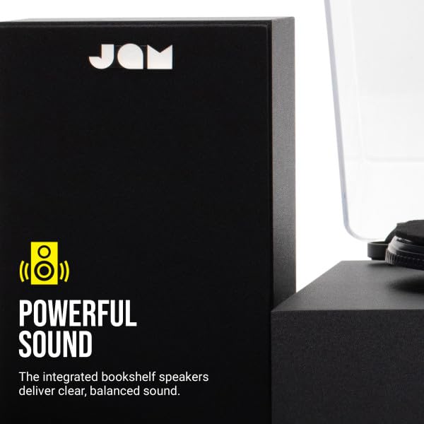 JAM Giradischi con Altoparlanti - Giradischi Bluetooth con Altoparlanti da Libreria, 3 Velocità con Coperchio Antipolvere, Braccio Pre-Calibrato, Pulitore di Vinile Incluso, Nero