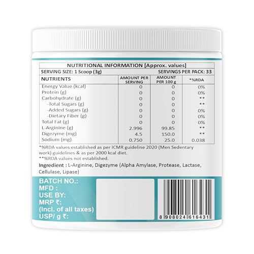 Image of L-Arginine Powder 100g (33 Servings) | Unflavoured | Pure L-Arginine Pre Workout Supplement | Supports Nitric Oxide Production, Muscle Pump, Strength & Recovery | For Men & Women