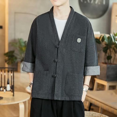 JIMINISO Shirt Kimono Haori Samurai Robes Gown Chinese Cardigan Jackets Retro Tops Fashion Denim Coats Casual Blouse - Thumbnail 6