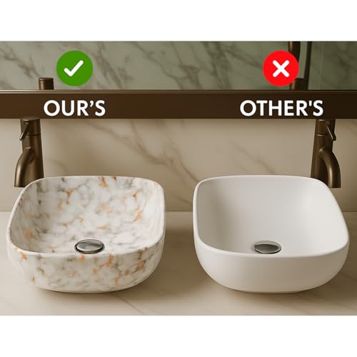 Image of Ceramic Tabletop Wash Basin - Glossy Rectangular Countertop Vessel Sink with Marble Finish for Bathroom & Vanity | Compact 18 x 13 x 5 Inch | Elegant Washbasin