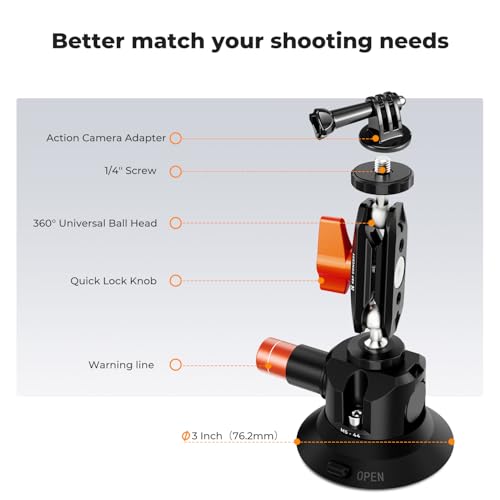 Image of K&F CONCEPT 3 inch Suction Cup Mount with 360 BallHead Magic Arm for Car | 1 /4 inch Screw Threads, Quick Release Car Mount Compatible with DJI Insta360 for Action Camera Phone Video, MS44