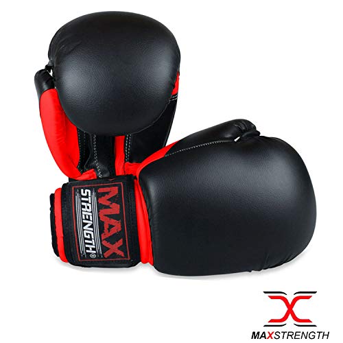 Image of Max Strength Boxing Gloves | Set in 12oz 10oz 8oz for Pro Sparring Kickboxing MMA Muay Thai | Extra Padded Protection for Men Women with Ventilated Palm (Black /Red 12oz)