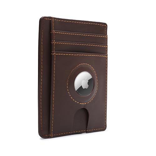Luxury Airtag wallet RFID blocking card holder wallet with built in Airtag holder- Slim Minimalist front pocket billfold leather wallet card wallet for men with ID window Coffee brown