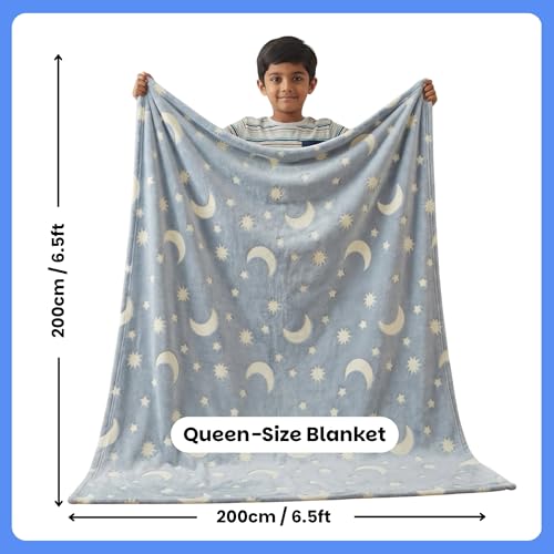 Image of Famyo Moon Stars Glow Blanket for Gifting for Kids | Birthday Gift for 0-15 yrs| AC Blanket for Children | Return Gifts, Party Favour | Perfect for Gifting for Niece /Nephew /Son /Daughter (Grey)