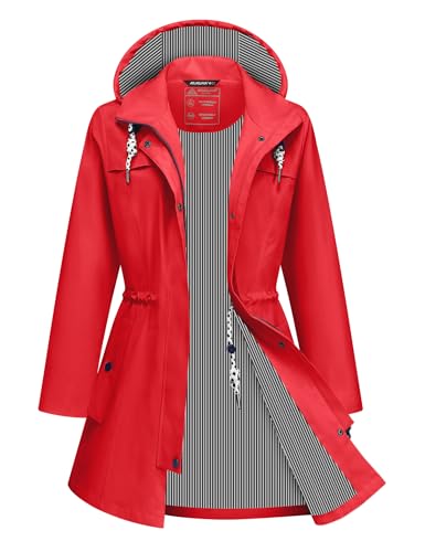 ATLASLAVA Rain Jacket Women Waterproof Long Lightweight Raincoat Hooded Windbreaker Outdoor Trench Coat RED L