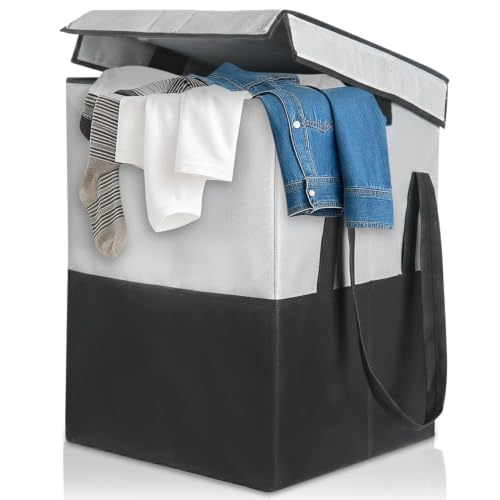 Image of GLUN Grey & Black Regular Use Rectangle Shape Hamper Bag, Pack of 1 Laundry Bag, Perfect for Storing & Organise Clothes, Lightweight, & Double Side Handle Easy to Carry