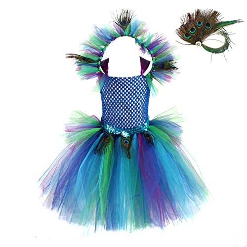 Girls 𝗣eacock Feather Tutu Mesh Dress Kids Princess Model Catwalk Performance Tail Dress Up Party Carnival 𝐂ostume