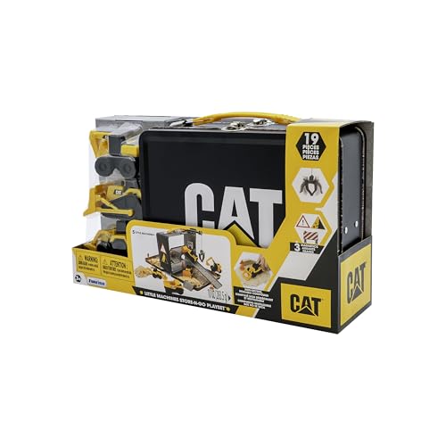Image of CAT Construction Toys, Store N Go Playset - Tin Travel Case Transforms into Multi-Level Worksite, Includes 2 Little Machines Vehicles & 10 + Accessories, Portable STEM Toy for Kids Ages 3 +