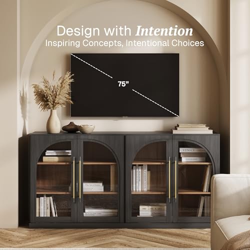 Image of BELLEZE 65 inch Arched Sideboard with Glass Door, Accent Buffet Cabinet with Storage and Adjustable Shelves, Classic Modern Large Console Table for Dining Room Living Room Entryway (Ebony)