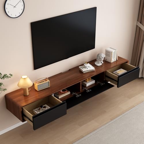 Floating TV Stand - Wall Mounted Media Console with 2 Flip-Down Doors & 2 Drawers Entertainment Center TV Cabinet, Video Shelf for Home Room (Walnut & Black, 62.99x7.87x9.45IN) - Image 4