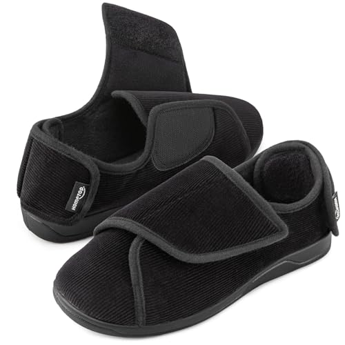 HomeTop Men's Corduroy Slippers Comfy Adjustable Hook and Loop Memory Foam Wide Indoor House Shoes for Diabetic Swollen Feet Black,11 US