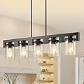 WJShome Dining Room Light Fixture Over Table, Farmhouse 5-Light Kitchen Island Lighting, Modern Black Chandelier with Adjustable Height, Large Industrial Rectangle Linear Pendant Lights
