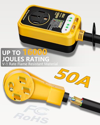 Image of RV Surge Protector 50 Amp,16000 Joules Circuit Analyzer for Camper | RV Surge Voltage Protection with Safety Certification, RV Adapter Plug with Waterproof Cover for Travel Trailers