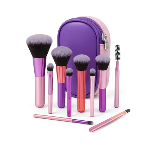 Kit 10 Mini Pincéis de Maquiagem com Estojo Cerdas Sintéticas Macias, Portátil e Completo para Base, Pó, Blush, Corretivo e Sombras – Para Viagem Travel Size Ideal para Presente, Uso Diário e Adolescentes - PREMIUM