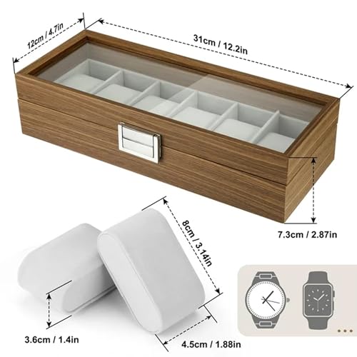 Image of KLIFFOO Watch Box Organizer - 6 Slots Display Case with Glass Lid, Wooden, Soft Velvet Interior - Elegant Wrist Watch Storage Box for Men's & Women's Watches, Jewelry & Accessories Collection Case