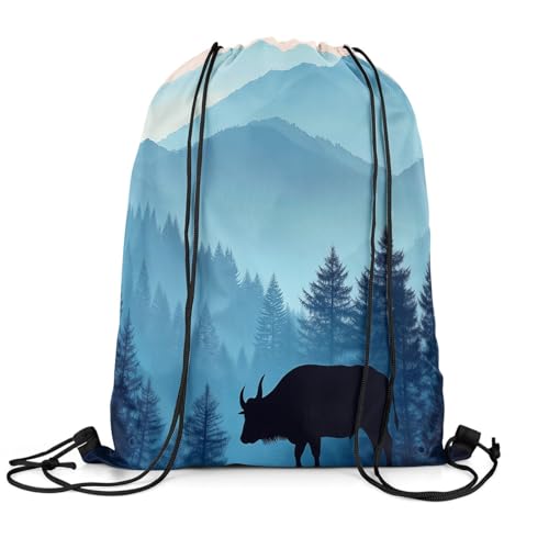 jejeloiu Cute Buffalo Gym String Bag 13"x15.7" Wild American Bison Drawstring Backpack Decor Forset Mountain Cartoon Wild Animal Drawstring Bags Blue Waterproof Cinch Bag3