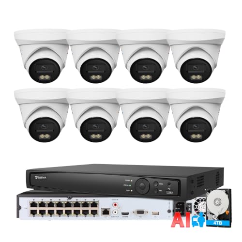 Anpviz 4K 16CH PoE Security Camera System, 8PCS Wired IP Cams with 4TB NVR | 8MP Outdoor Cams with Mic, Smart Color Night Vision, AI Human Vehicle Detection, H.265+ 16 Channel 12MP NVR, 24/7