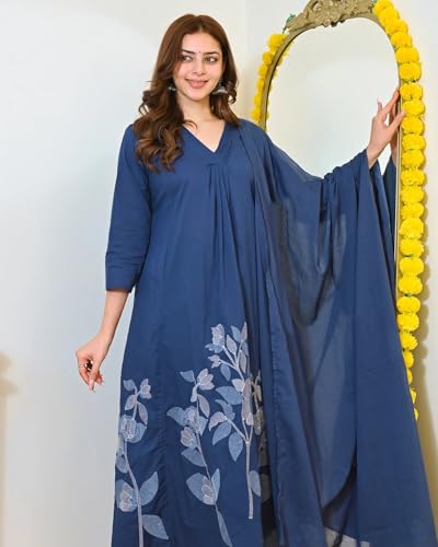 Image of Nermosa Women Solid A-line Kurta and Pant set With Dupatta | Women Kurta Set | Solid Suit | Embroidery Kurta Set |