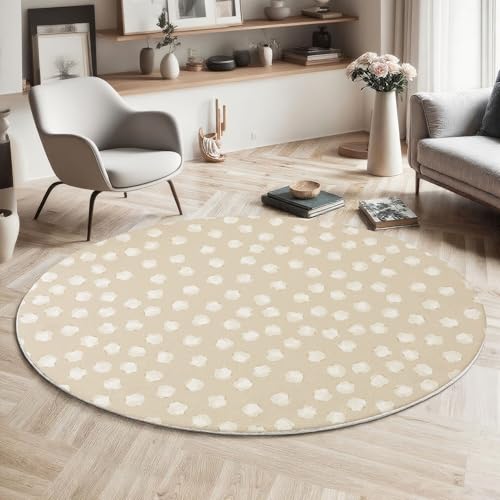 Tapis rond de chambre 100 cm beige blanc géométrique et antidérapant