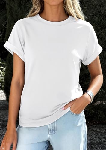 Image of PRETTYGARDEN Womens Summer Tops Short Sleeve Shirts | Lightweight Stretchy Knit,Rolled Sleeves,Crewneck Basic Tees,Loose Fit Daily T Shirt,Casual Work Travel Vacation Outfits