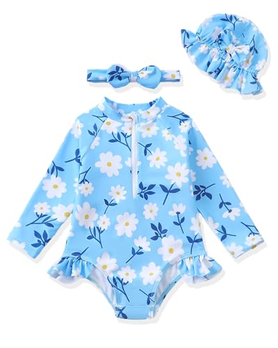 Baby Girl Swimsuit 3-6 Months Summer Baby Bathing Suit Girls Blue Daisy Floral Long Sleeve One-Piece Zipper Rash Guard Ruffle Swimwear with Hat Infant Swimsuit Girl 3-6 Months Beach Essentials