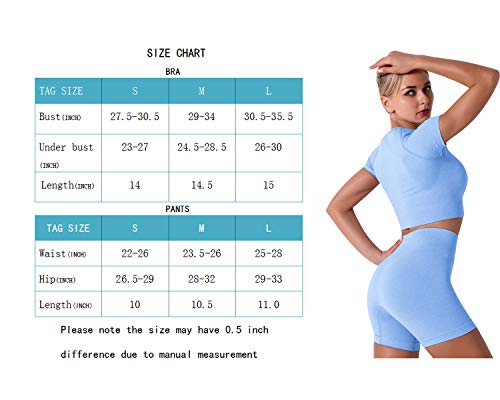 Image of Yoga Outfits Sets for Women 2 Piece Workout Tracksuit Running Short Sleeve Crop Top Seamless High Waist Sports Shorts Sets Gym Clothes Activewear Light Blue Large