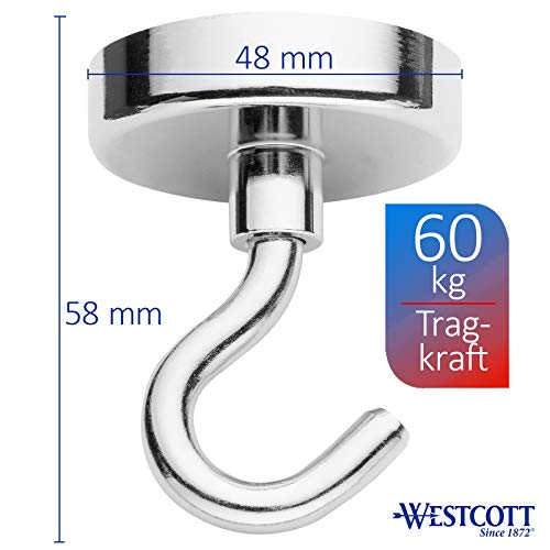 Westcott Magnethaken I Neodym I 48 mm, 60 kg Haftkraft I silber I extra stark I E-10830 00