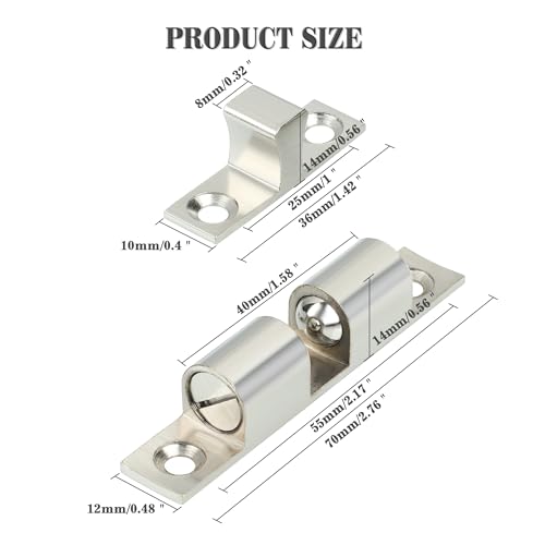 Alise Double Roller Catch Cabinet Latches,Adjustable Double Ball Tension Roller Catch Latch Brass Cabinet Door Latch,67mm Solid Metal Cabinet Latches and Catches,Pack of 4,Silver