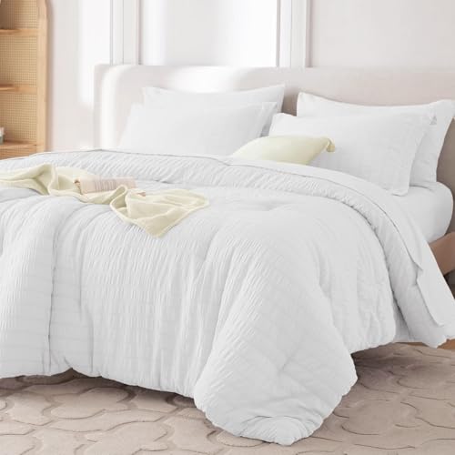 Image of MUXHOMO 7 Pieces King Comforter Set, Seersucker Bed in a Bag King Size, All Season Luxury Bedding Set with Comforter, Flat Sheet, Fitted Sheet, Pillowcases & Shams, White