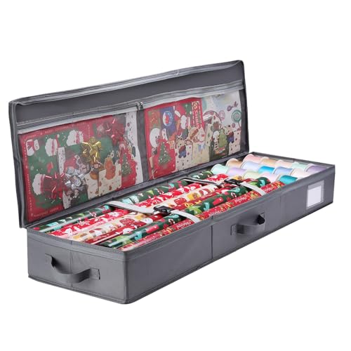 Bloomhüan Geschenkpapier Aufbewahrung - Premium Geschenkpapier Organizer - Wasserdichtes 600D Oxford Gewebe -Aufbewahrungstasche für Geschenkpapier mit Fächern für Rollen & Bänder - 102x30x12cm (Grau)